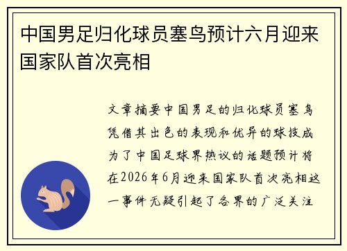 中国男足归化球员塞鸟预计六月迎来国家队首次亮相