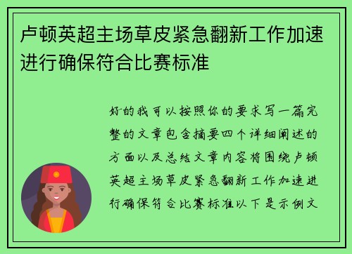 卢顿英超主场草皮紧急翻新工作加速进行确保符合比赛标准