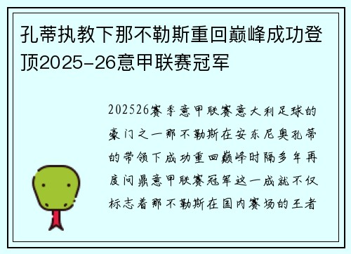 孔蒂执教下那不勒斯重回巅峰成功登顶2025-26意甲联赛冠军